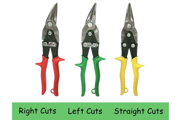 Aviation Snips - red (right cuts), green (left cuts), yellow (straight cuts)